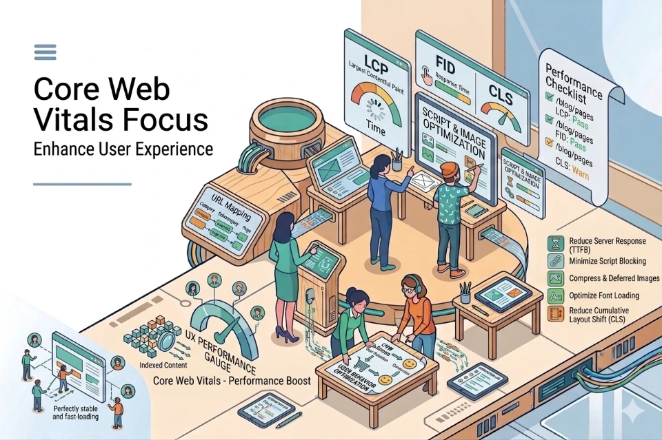 Core Web Vitals optimization loading speed interactivity visual stability LCP FID CLS performance UX SEO rankings