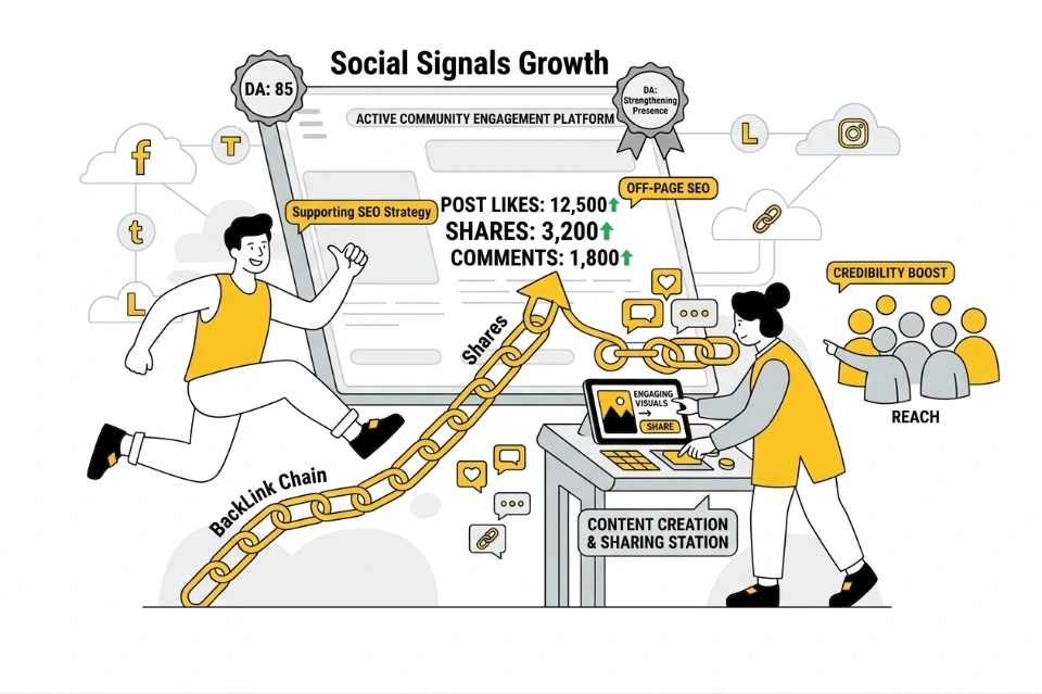 Social signals growth engagement likes shares comments interactions visibility traffic backlinks brand credibility reach