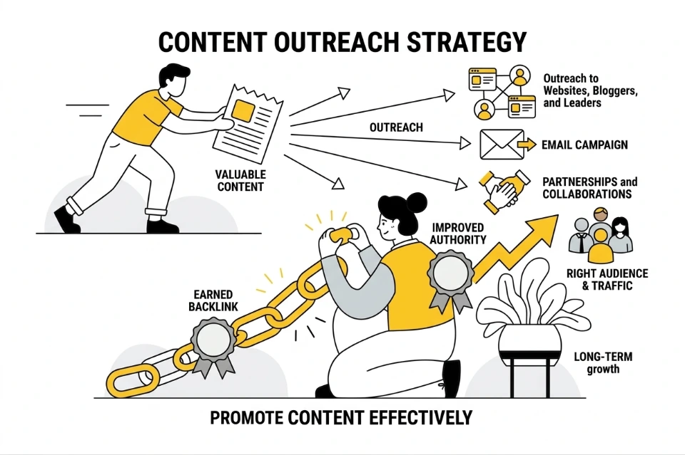 Content outreach strategy promote articles blogs resources backlinks mentions partnerships visibility authority SEO growth