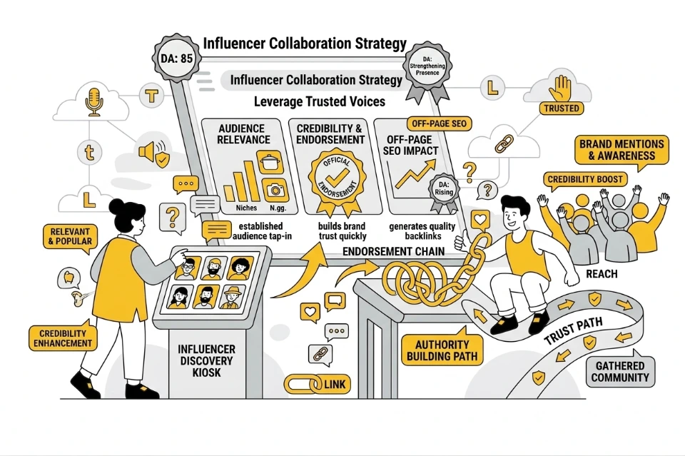 Influencer collaboration trusted voices partnerships sponsored content reviews social promotions backlinks authority visibility