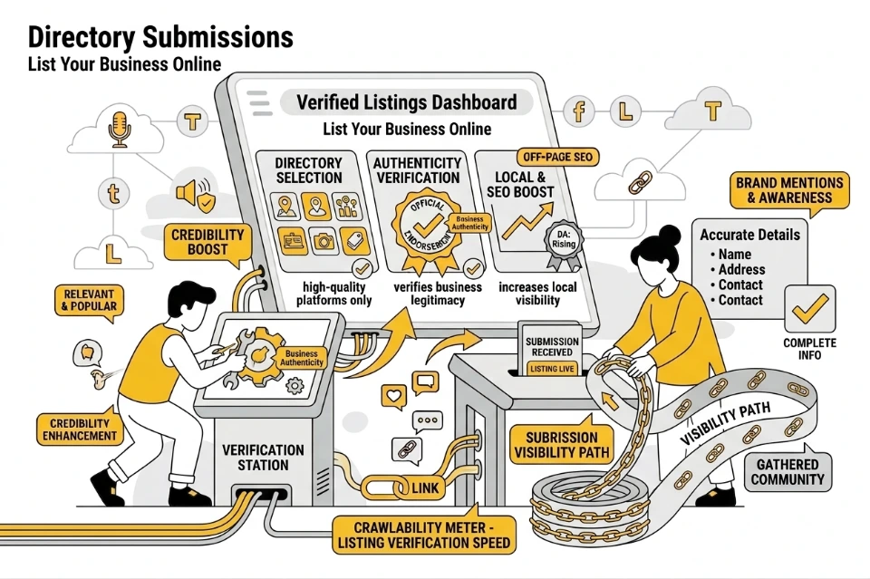 Directory submissions business listings backlinks consistency visibility credibility local SEO discovery rankings presence