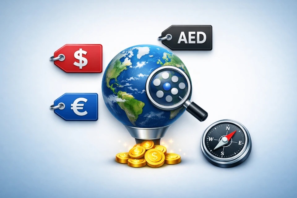 A "Globe" icon. Around it are three "Price Tag" icons with different symbols ($, AED, €). A "Compass" icon sits in the corner, representing the strategic direction needed for global market entry.