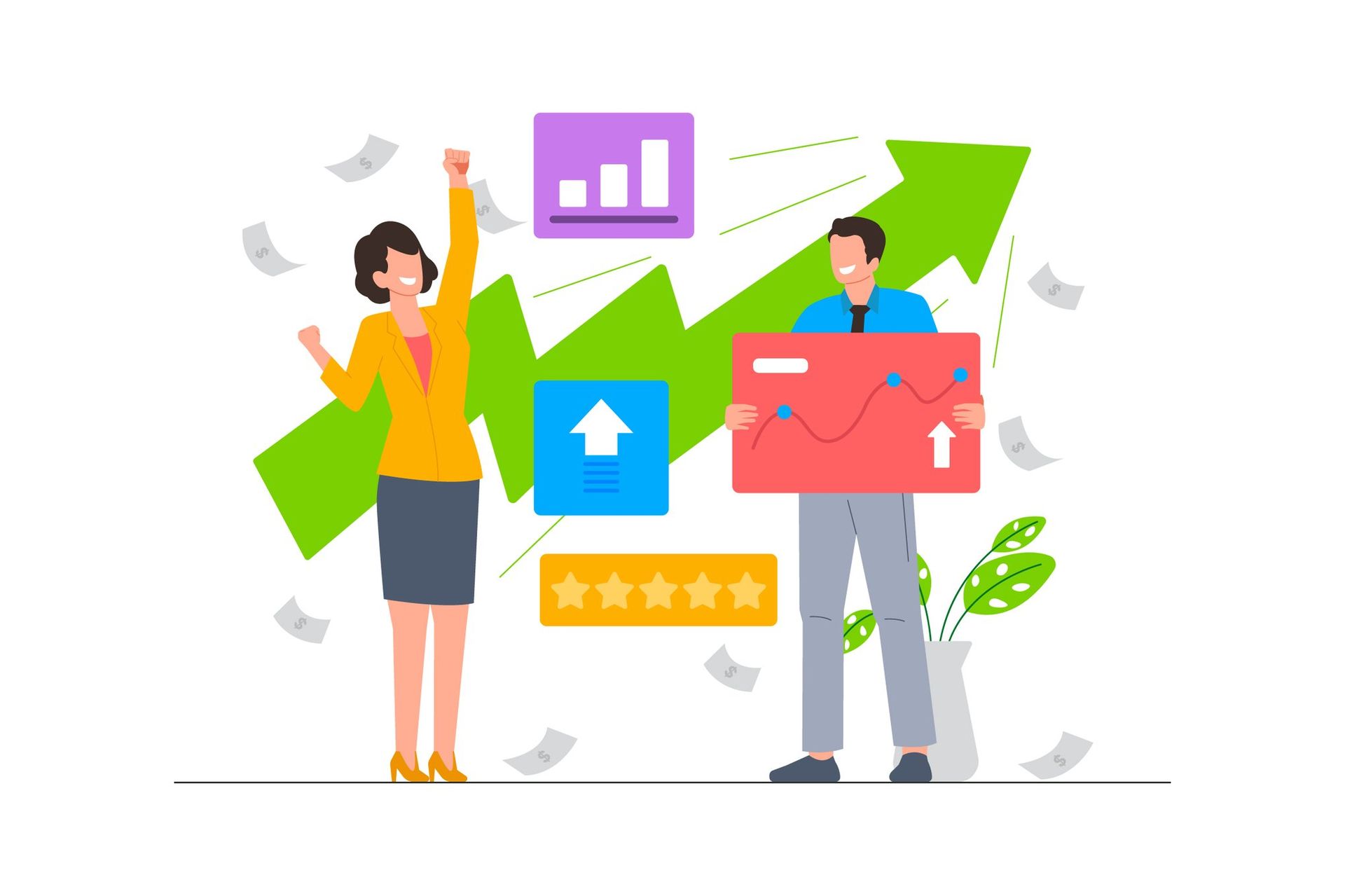 A business team celebrating international e-commerce expansion with growth charts and star ratings, representing multi-store localization, regional payment gateways, and global market entry strategies