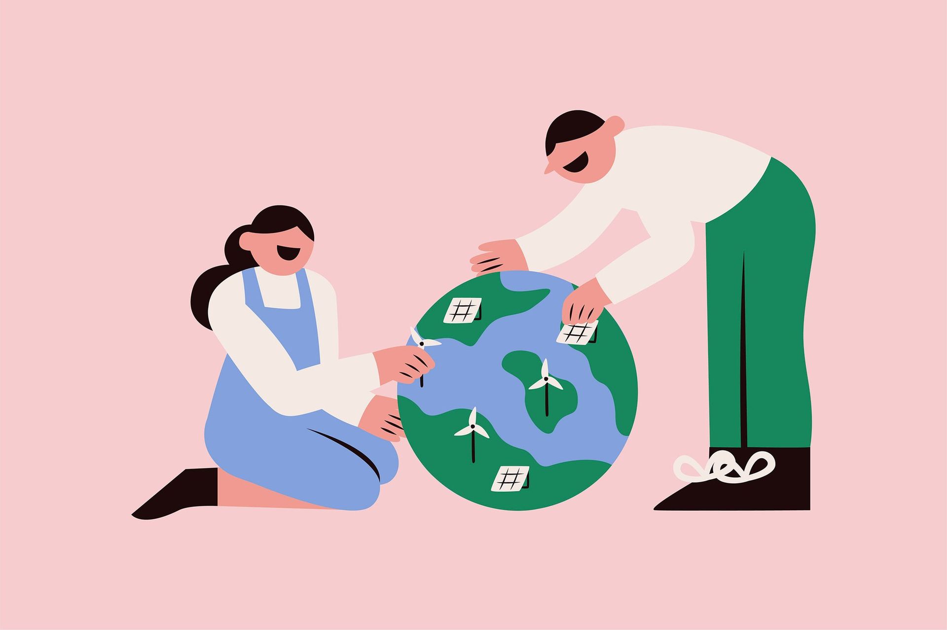 Two professionals nurturing a green globe with renewable energy icons, representing sustainable e-commerce growth, customer retention, predictive analytics, and long-term digital business resilience