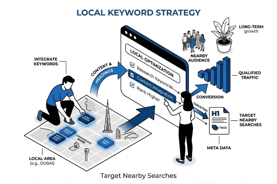 Local keyword strategy location-based terms city neighborhoods near me long-tail relevance ranking traffic conversions visibility