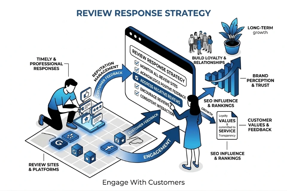 Review response strategy engage customers feedback loyalty transparency trust credibility local SEO brand perception growth
