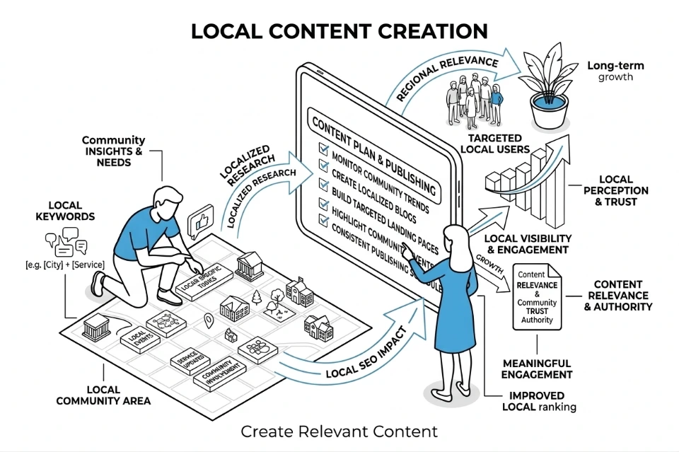 Local content creation region-specific blogs pages events services community keywords relevance visibility trust engagement