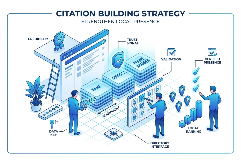 Citation building strategy consistent business listings directories NAP trust legitimacy local visibility rankings credibility