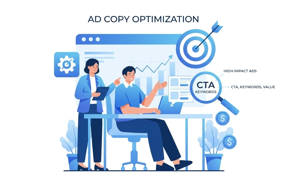 Ad copy optimization compelling headlines descriptions CTAs targeted keywords value propositions clicks engagement conversions