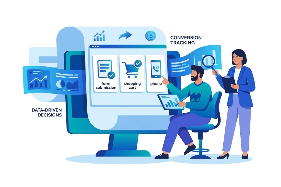 Conversion tracking setup monitor actions form submissions purchases calls SEM performance data insights ROI optimization