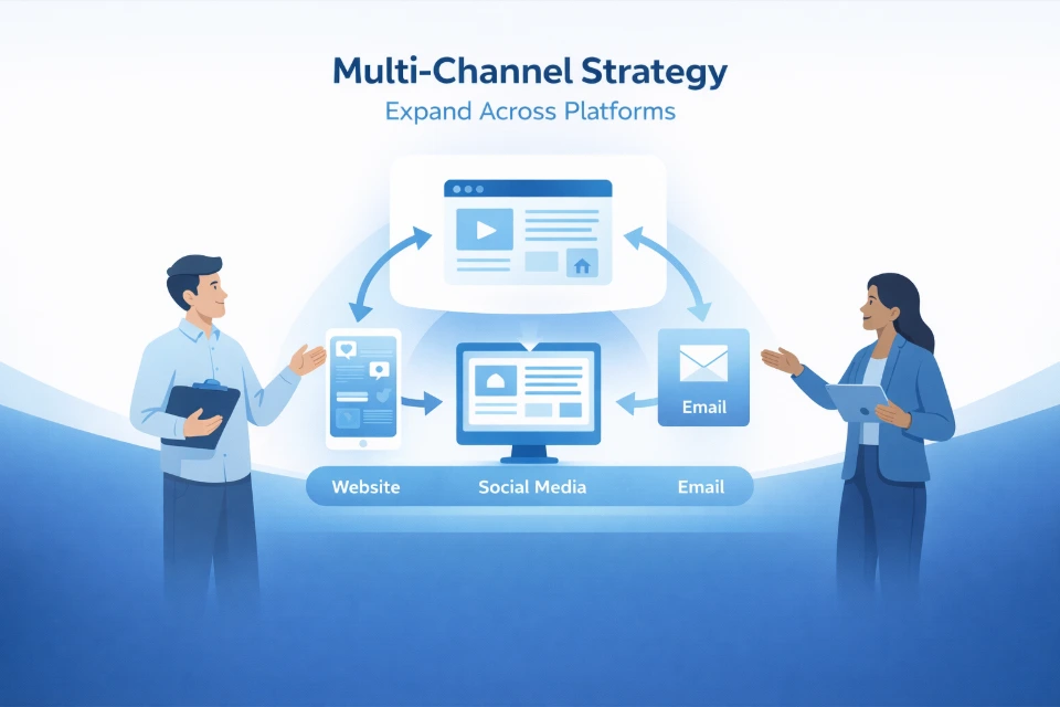 Multi-channel strategy cross-platform content distribution visibility engagement messaging branding recognition performance tracking