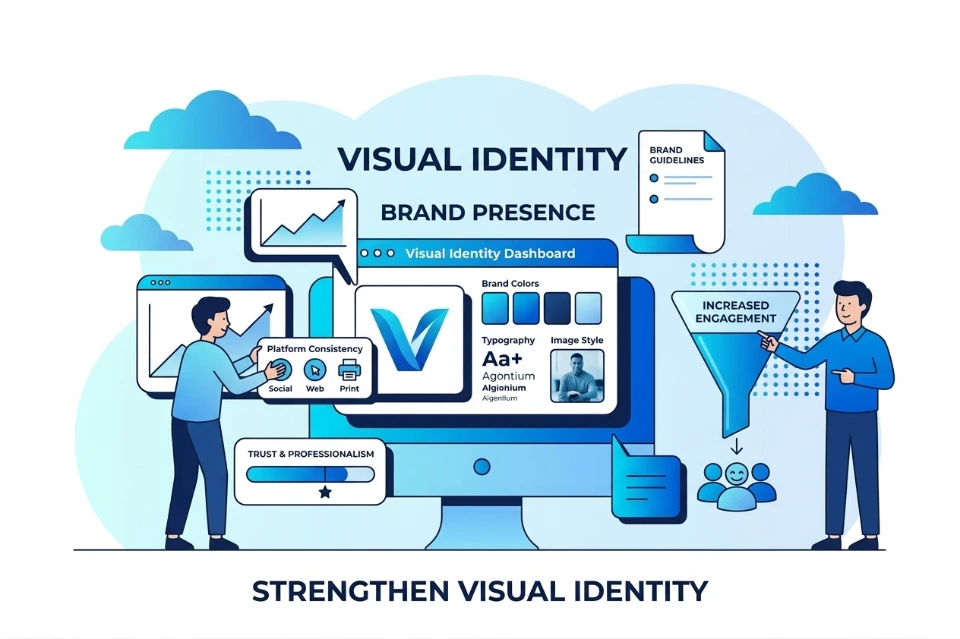Visual branding strategy cohesive identity logos colors typography design consistency recognition trust engagement professionalism