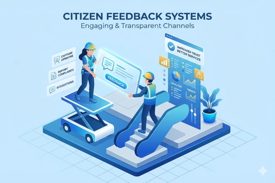 An isometric visual showcasing an interactive feedback ecosystem. Characters are depicted using digital platforms to capture opinions, report complaints, and offer suggestions. The design highlights how automated analysis and transparent channels lead to improved trust and better public services.