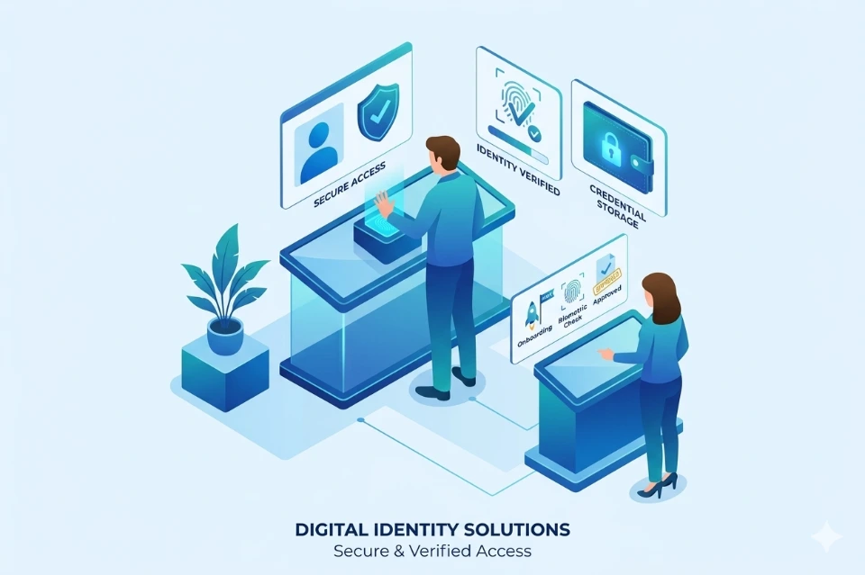 An isometric illustration depicting a secure digital identity management system. It shows users interacting with high-tech terminals for biometric verification, secure access, and encrypted credential storage, highlighting a streamlined and protected onboarding process.