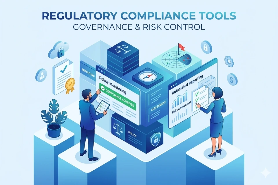 An isometric illustration focused on governance and risk control. It depicts professionals managing modular data blocks for policy monitoring, risk assessment, and automated reporting, illustrating a streamlined approach to achieving legal adherence and operational transparency.