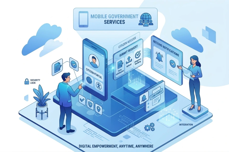 An isometric illustration representing mobile-optimized public services. It features a central smartphone displaying a citizen portal where users can submit requests, track progress, and receive notifications, emphasizing "digital empowerment" and "anytime, anywhere" accessibility.