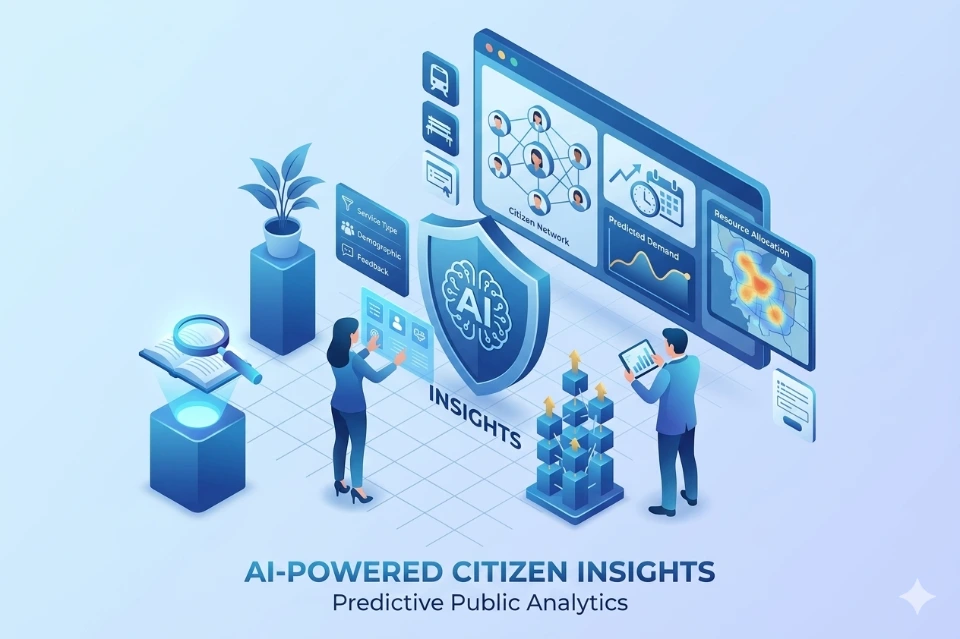 An isometric illustration of a predictive public analytics platform. The visual features an AI-driven dashboard displaying citizen networks, predicted demand charts, and resource allocation maps, designed to help government agencies make data-driven decisions.