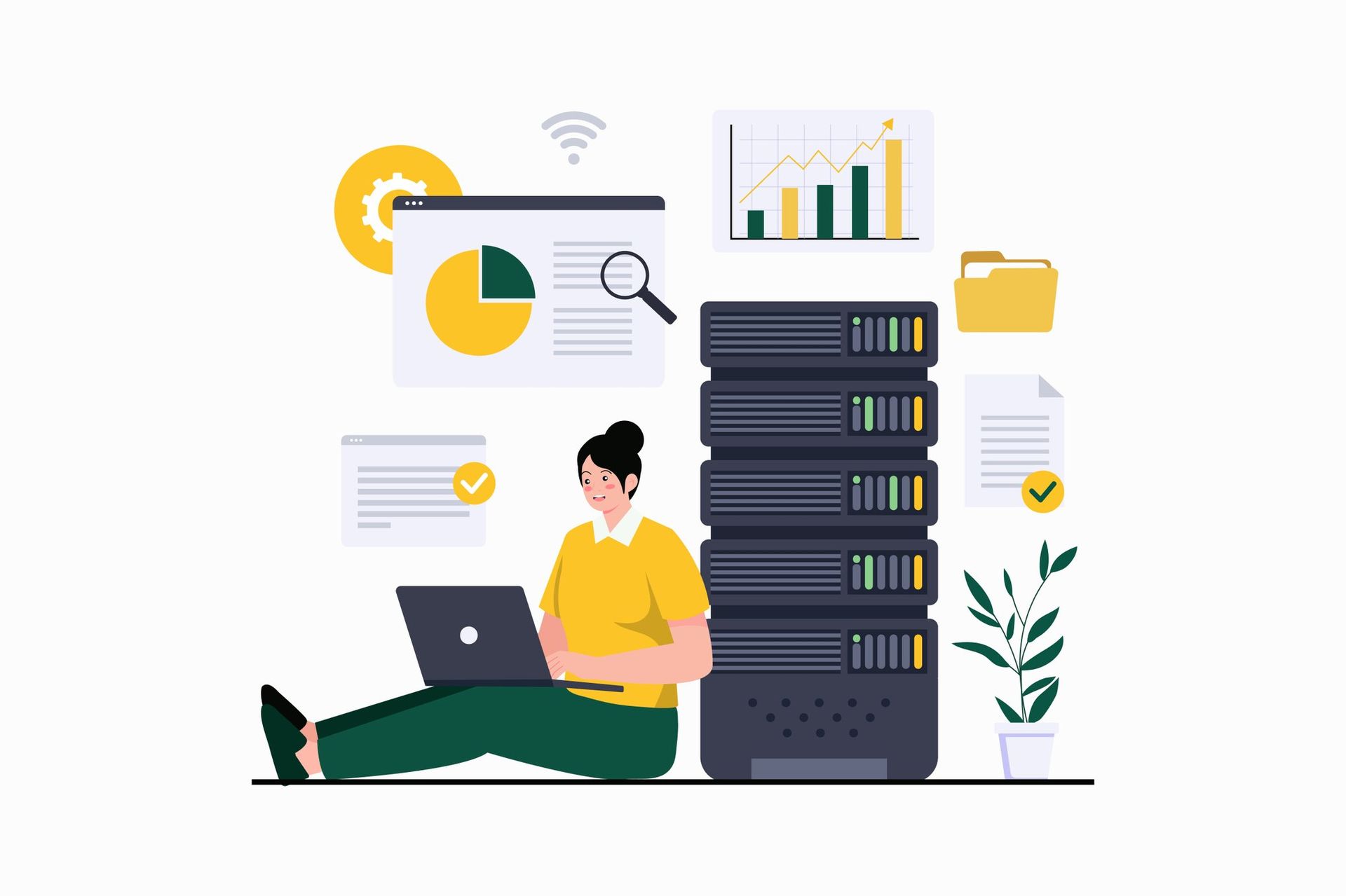 A data analyst managing centralized data servers and real-time reporting dashboards with KPI charts, representing automated data management, predictive analytics, and organizational performance reporting.