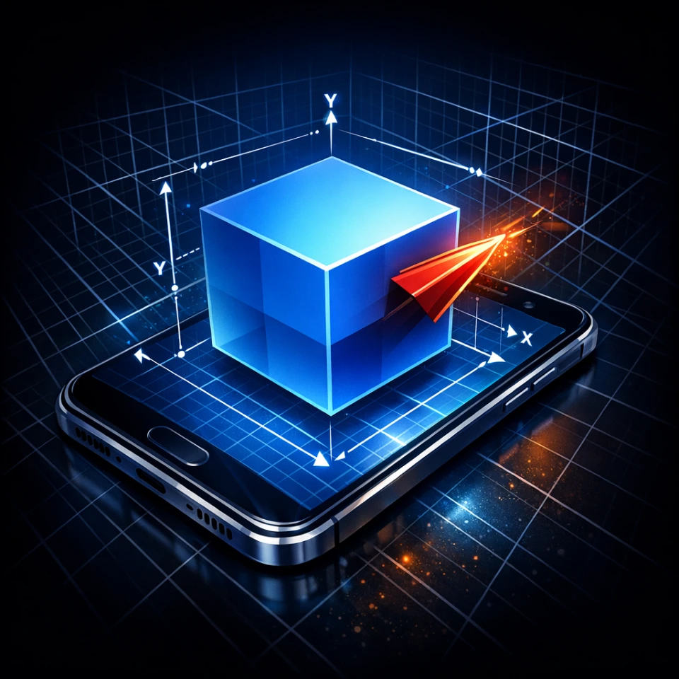 A "3D Cube" icon that appears to be "popping out" of a "Smartphone" screen. Around the cube are "Measurement Lines" and "Perspective Grids," symbolizing a spatial, three-dimensional digital experience