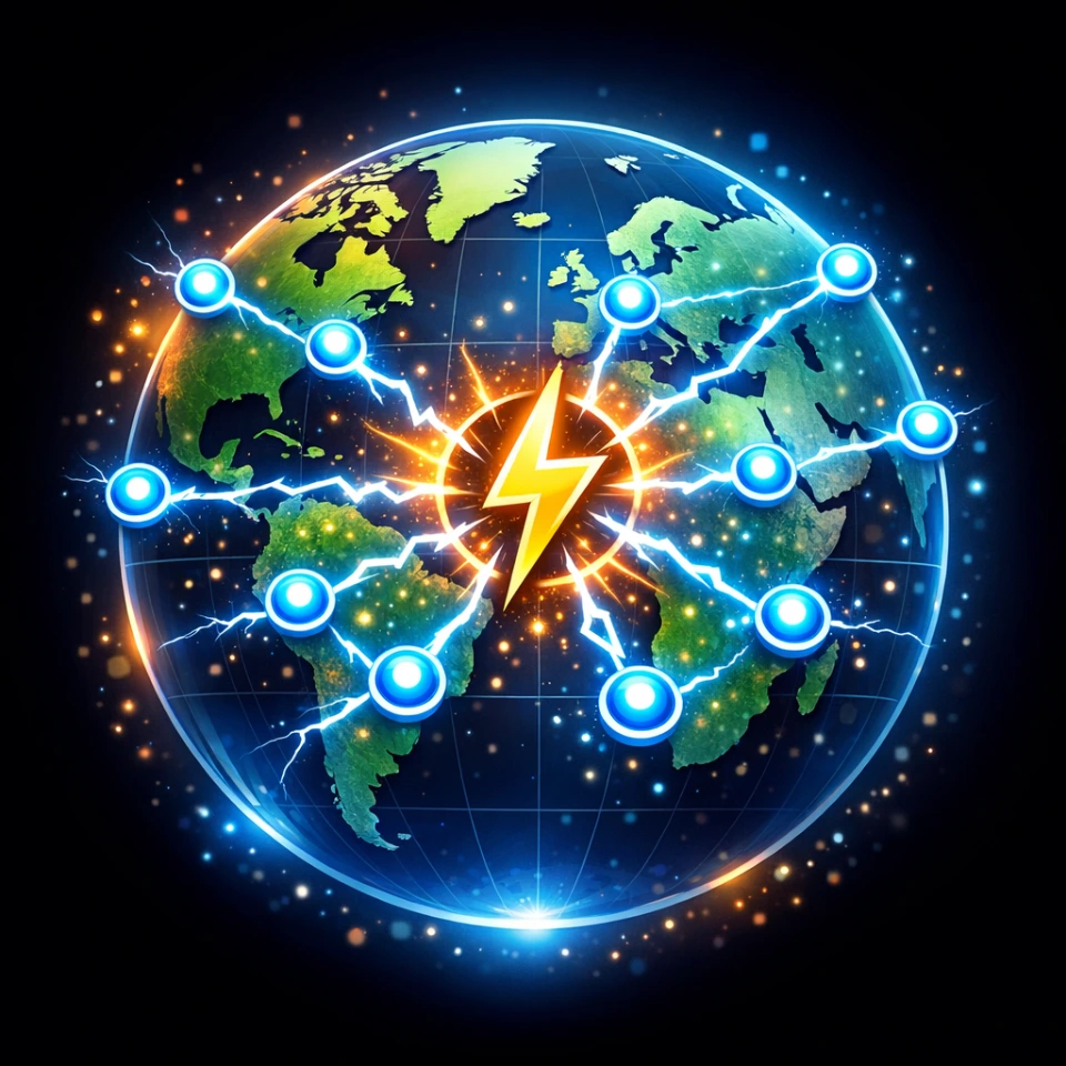 A "Globe" icon with several "Dot/Node" points scattered across it. All dots are connected by "Lightning Bolt" lines to a central "Flash" icon, representing data being processed instantly at the edge of the network.