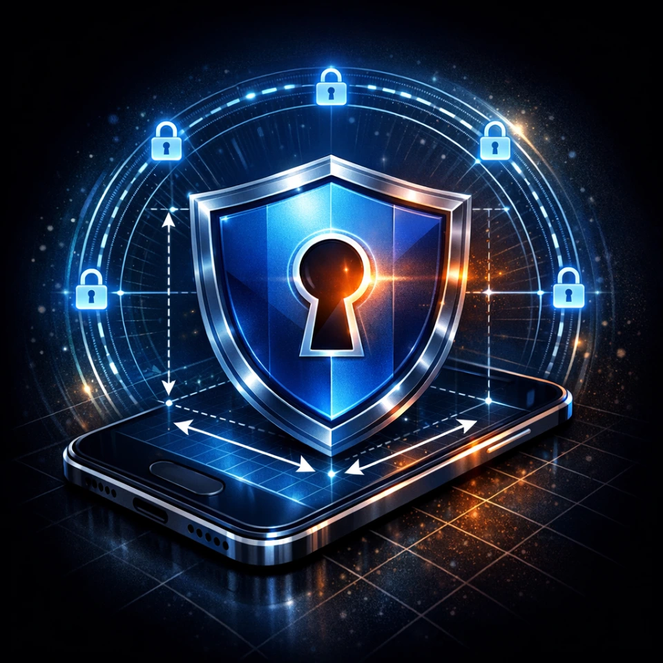 A large "Shield" icon. In the center of the shield is a "Keyhole" or "Magnifying Glass." A "Circular Ring" with "Lock Dots" surrounds the shield, symbolizing multiple layers of continuous verification and protection.