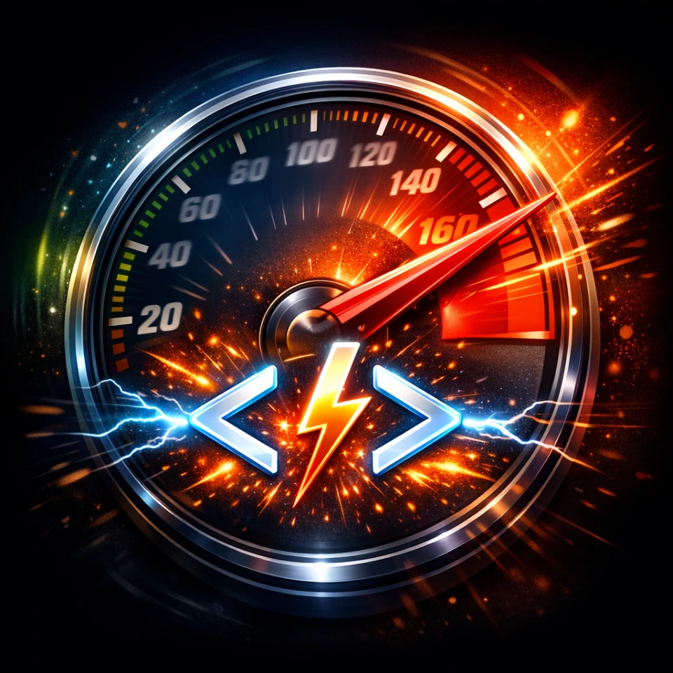A "Speedometer" icon. The needle is in the "Red/High" zone. Overlapping the speedometer is a "Code Tag" icon (</>), symbolizing the massive boost in execution speed for web-based code.