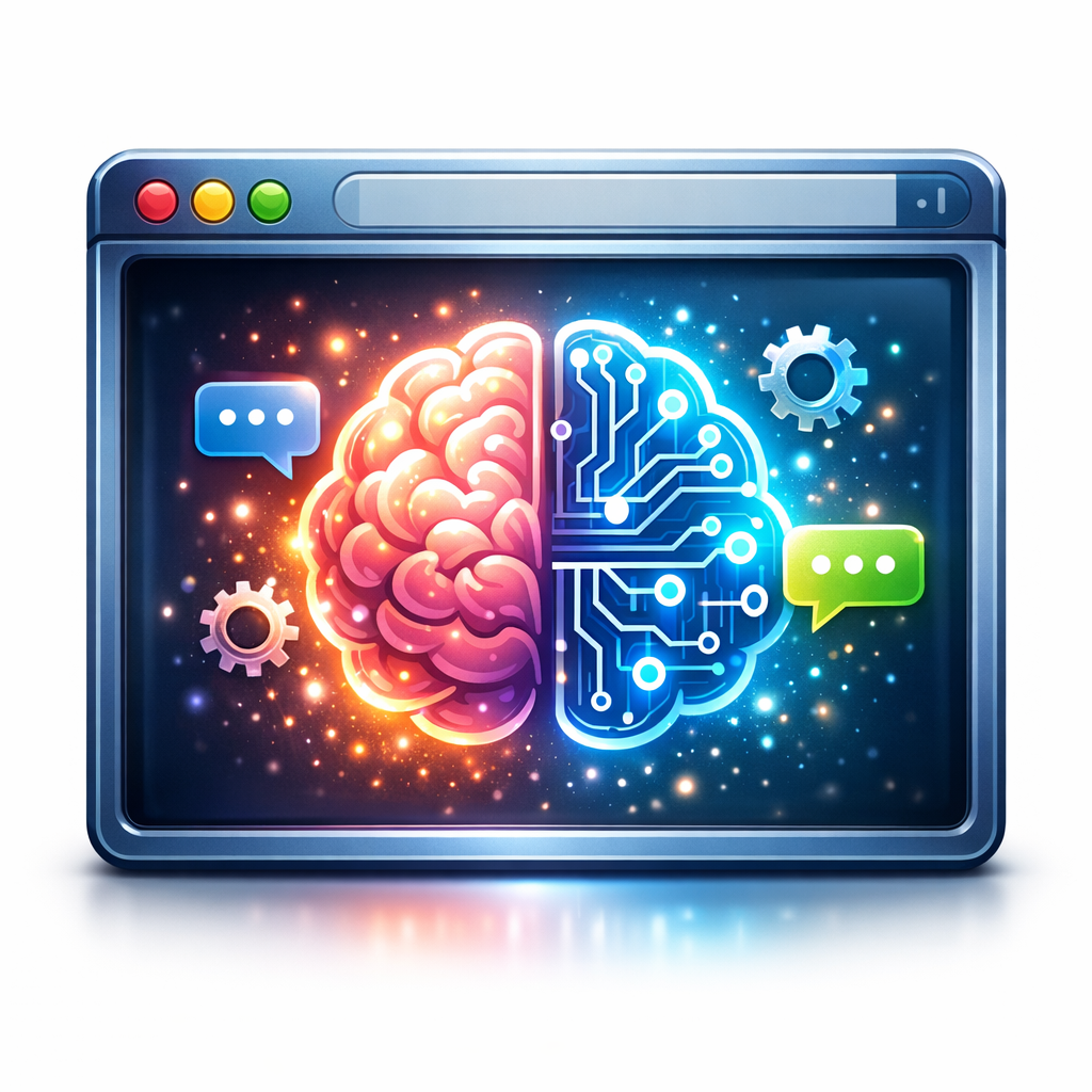 A "Browser Window" icon. Inside the window is a "Brain/Circuit" icon. Small "Chat Bubbles" and "Setting Gears" are floating around the brain, with a "Glow" effect suggesting the interface is alive and thinking.