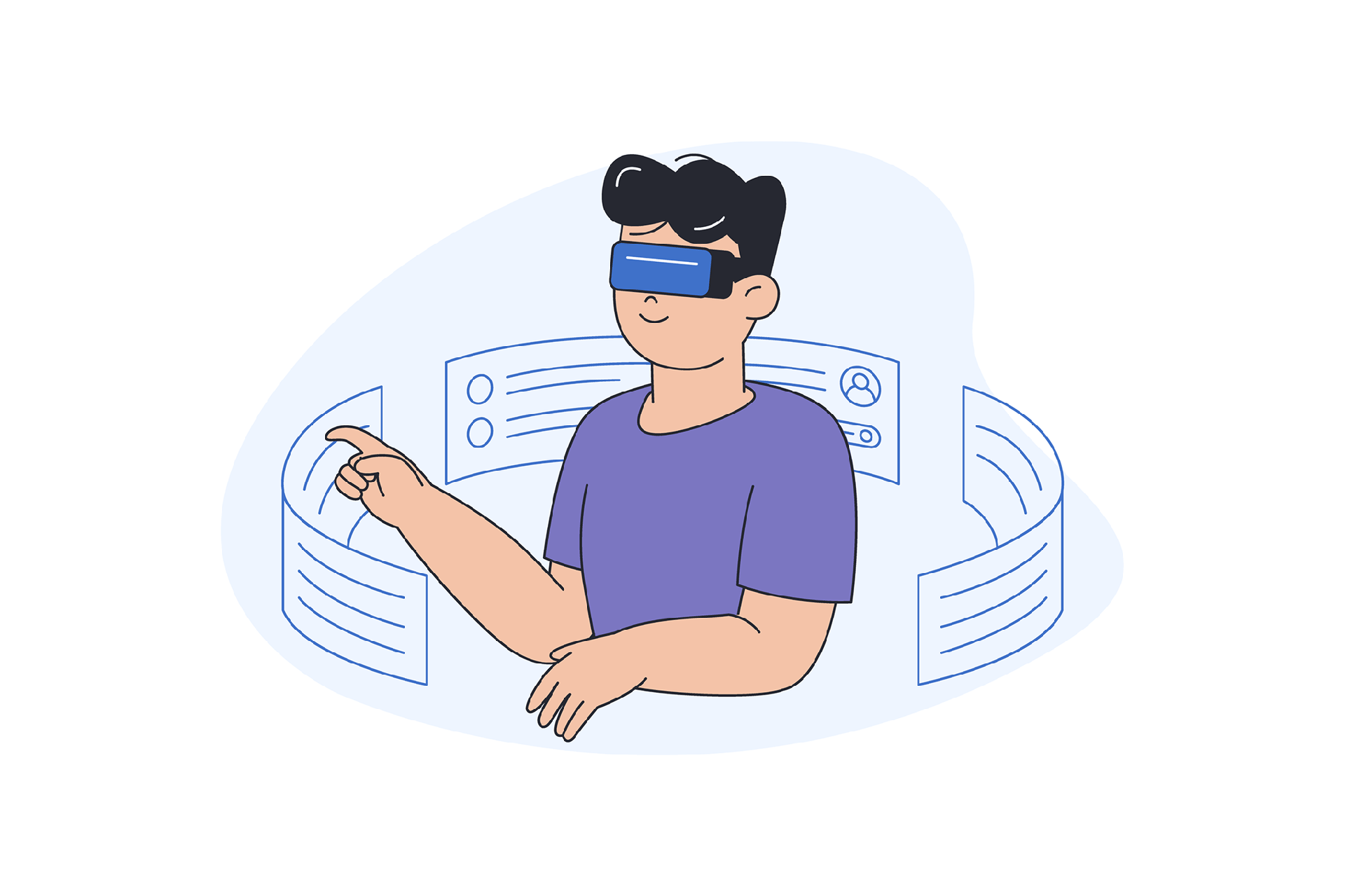 A developer using a VR headset interacting with an agentic AI interface, representing the future of immersive digital experiences, hyper-personalization, and intelligent web environments.