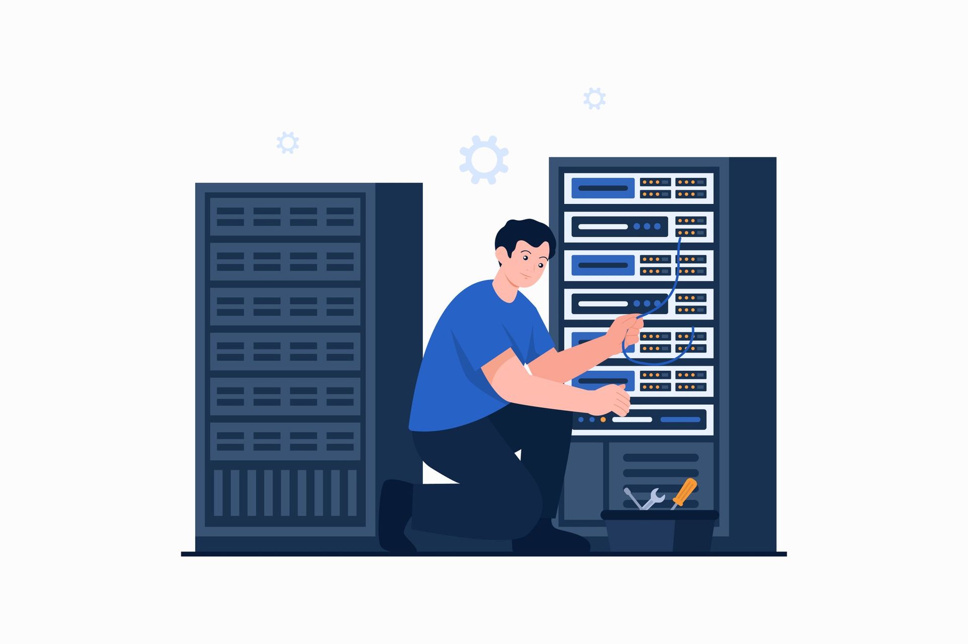 A system administrator managing server infrastructure with maintenance tools, representing ITD Innovation's 24/7 proactive support, 99.9% uptime monitoring, and continuous ERP and web system maintenance.