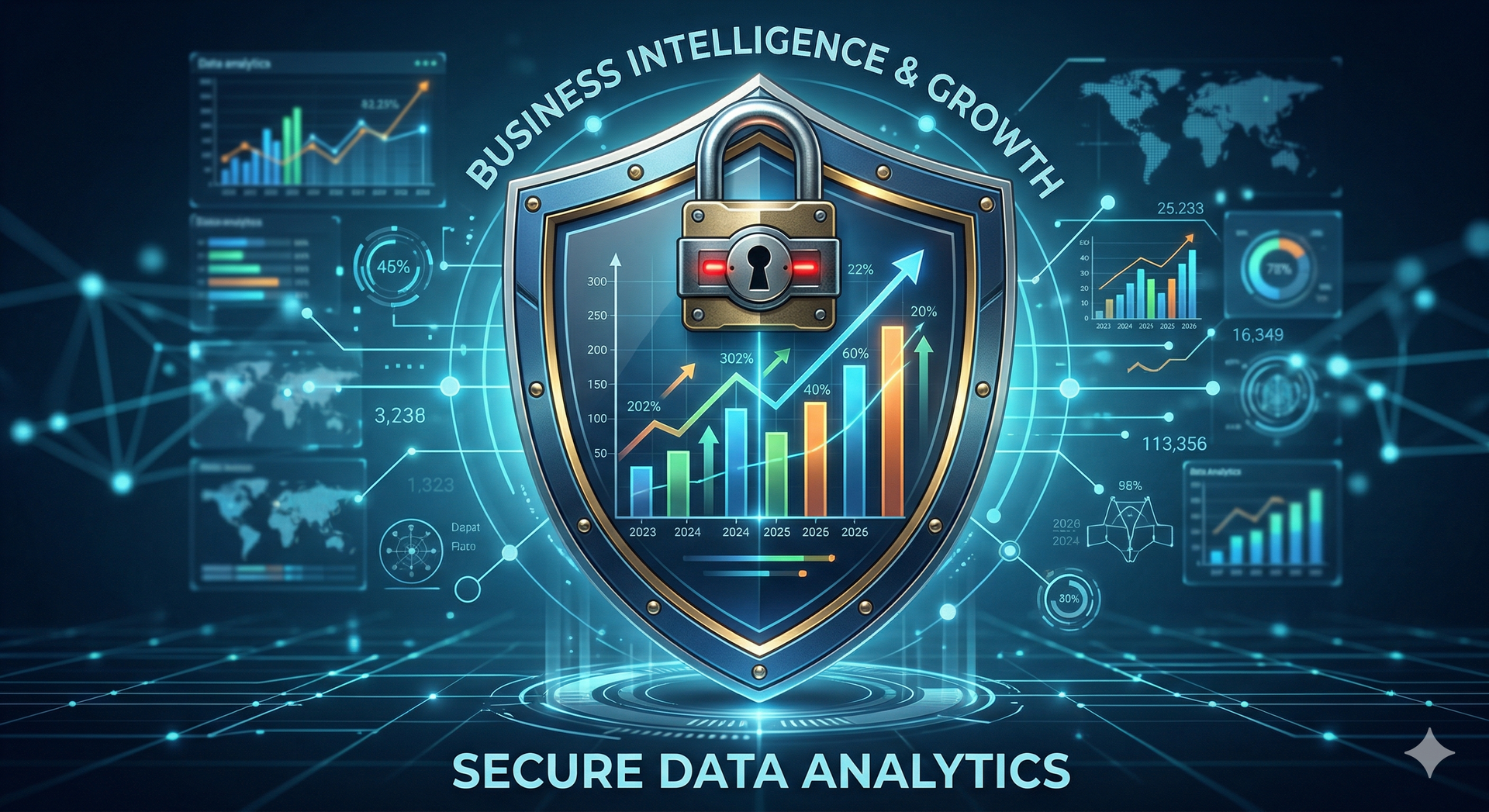 A "Shield" icon with a "Bar Chart" inside it. A "Padlock" sits at the top of the shield, symbolizing that your business intelligence and growth data are both actionable and highly secure.