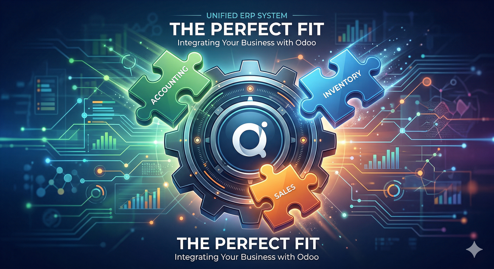 A "Gear" icon with an "O" (Odoo) inside it. Around the gear, three "Puzzle Pieces" are moving into place—labeled "Accounting," "Inventory," and "Sales"—symbolizing the perfect fit of a unified ERP system.