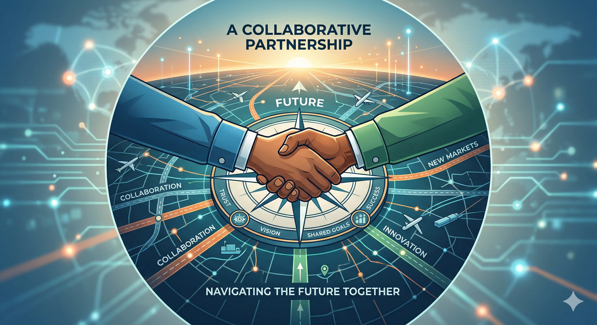 Two "Hands Shaking" icon. The background of the handshake is a "Compass" or "Map," symbolizing a collaborative partnership that is navigating the future together.