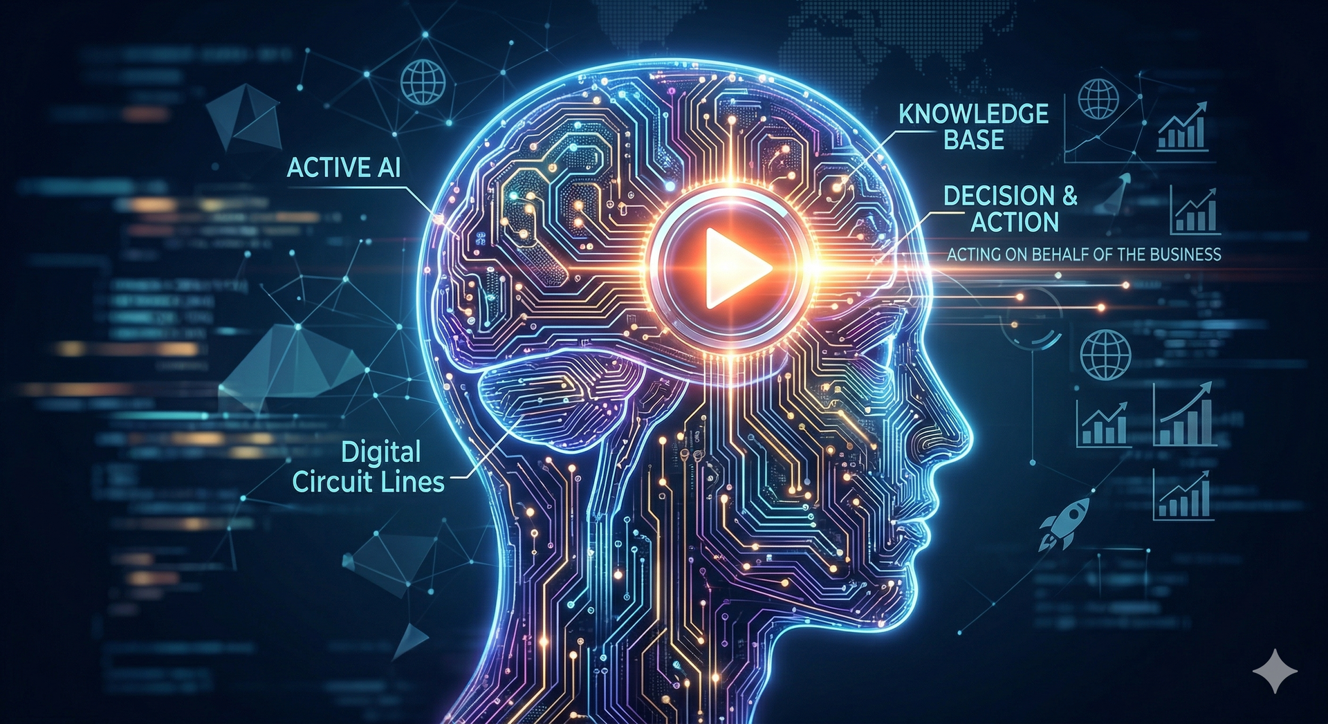 A "Human Head" silhouette made of "Digital Circuit Lines." Inside the brain area, a "Play/Action" button glows, symbolizing an AI that doesn't just "know" but actively "acts" on behalf of the business