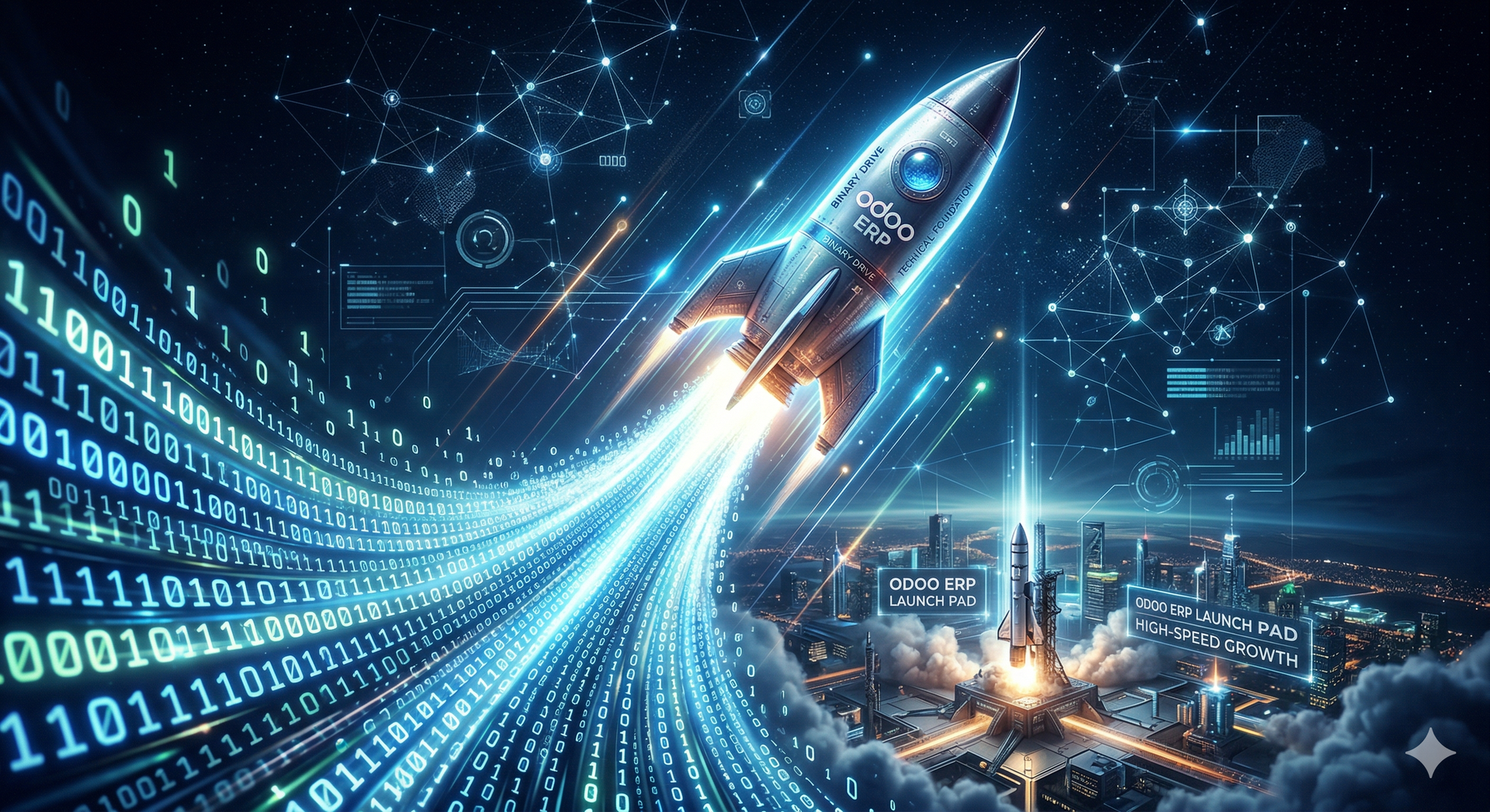 A "Rocket" icon pointing upward. The exhaust trail of the rocket is made of "Binary Code" (0s and 1s), symbolizing high-speed growth fueled by a powerful technical foundation.