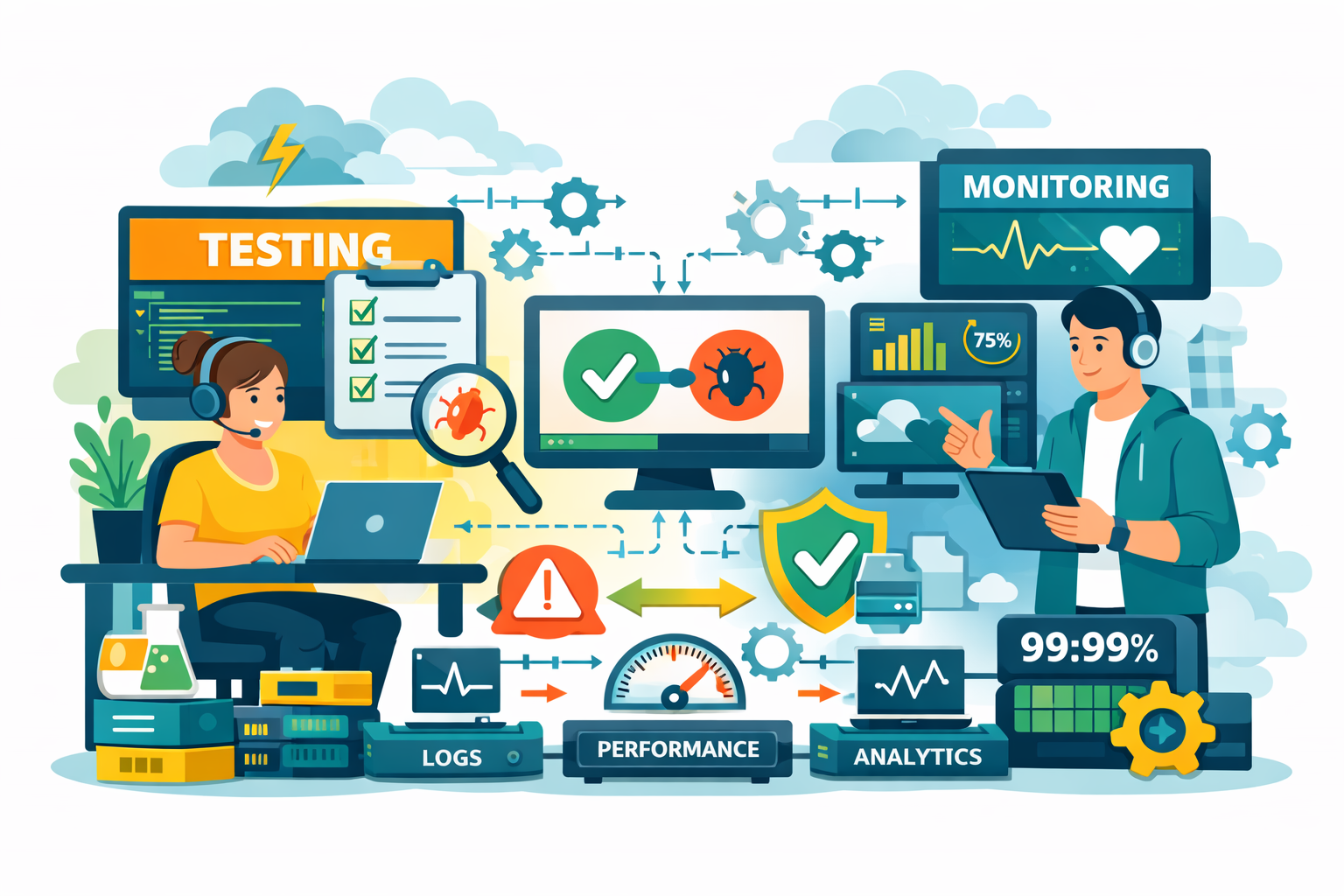 Testing monitoring track performance detect issues ensure reliability improve quality maintain system stability optimize operations
