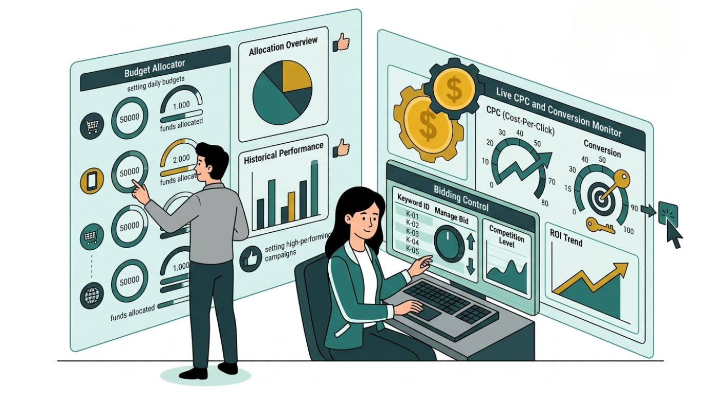 Budget management bidding SEM PPC daily budgets keyword bids CPC conversions ROI performance allocation optimization