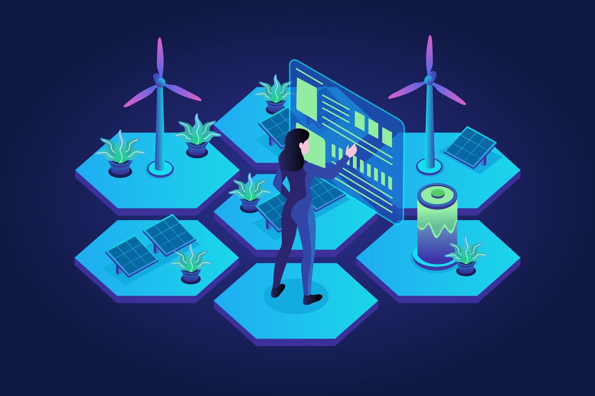 This premium isometric vector illustration showcases a cutting-edge sustainable energy infrastructure, perfect for modern digital platforms. The scene depicts a professional technician managing a smart energy grid integrated with wind and solar power sources.